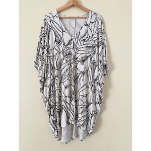 Bryn Walker Womens M White Black Floral Charlie Oversized Tunic Top Lagenlook